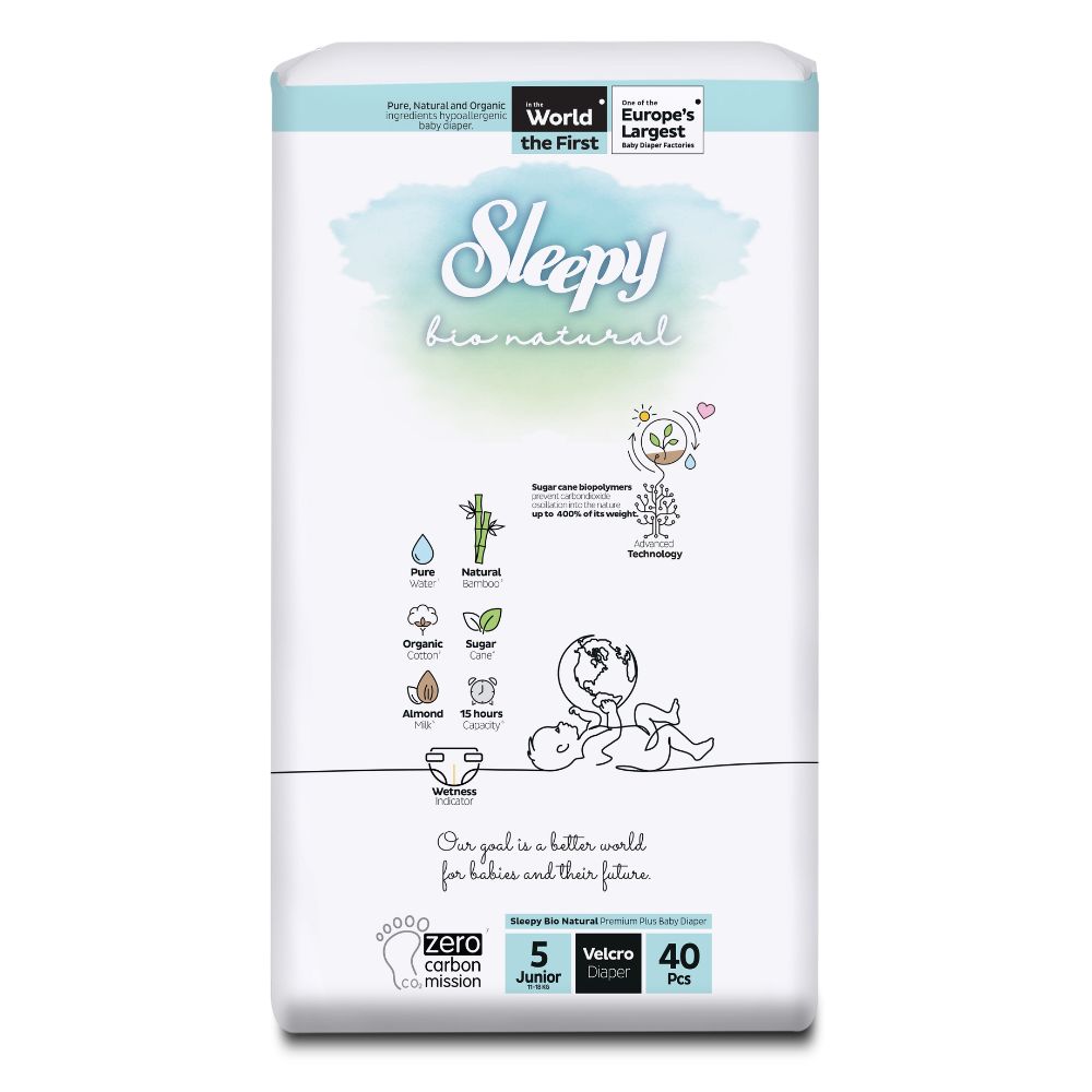 Scutece pentru bebelusi Junior, Nr. 5, 11-18 kg, 40 buc, Sleepy Bio Natural