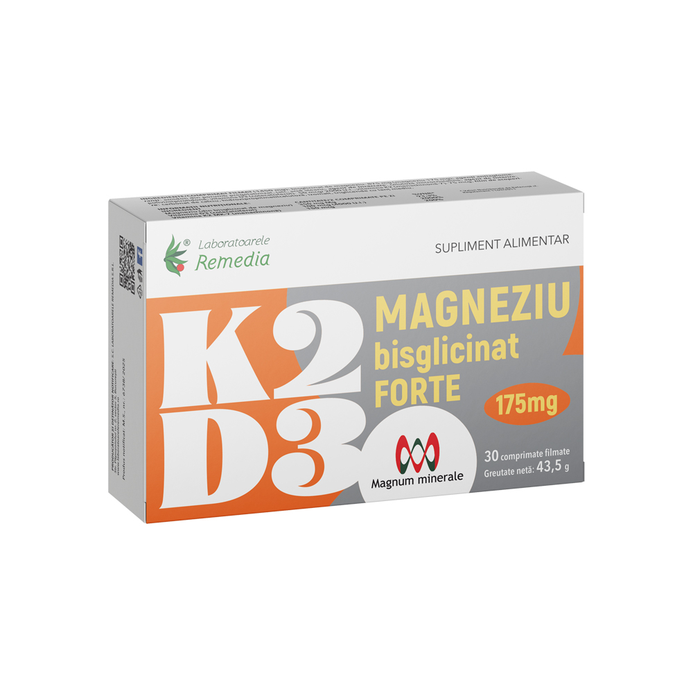 Vitamina K2 + D3 + Magneziu Bisglicinat Forte, 175 mg, 30 comprimate filmate, Remedia