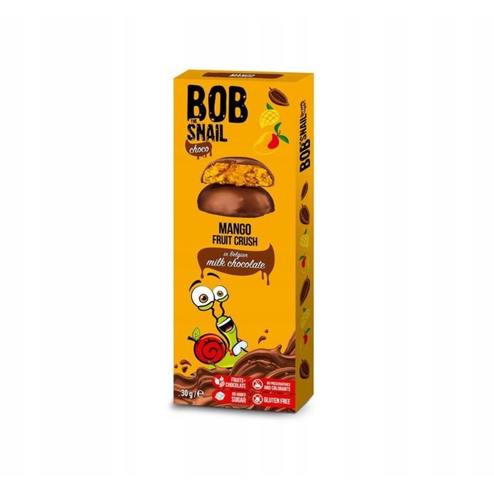Gustare din mango invelit in ciocolata cu lapte, 30 g, Bob Snail