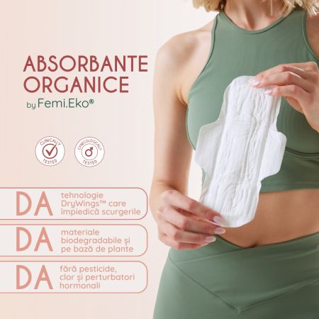 Absorbante cu aripioare din bumbac organic Ultra Day, 10 bucati, FemiEko 756782