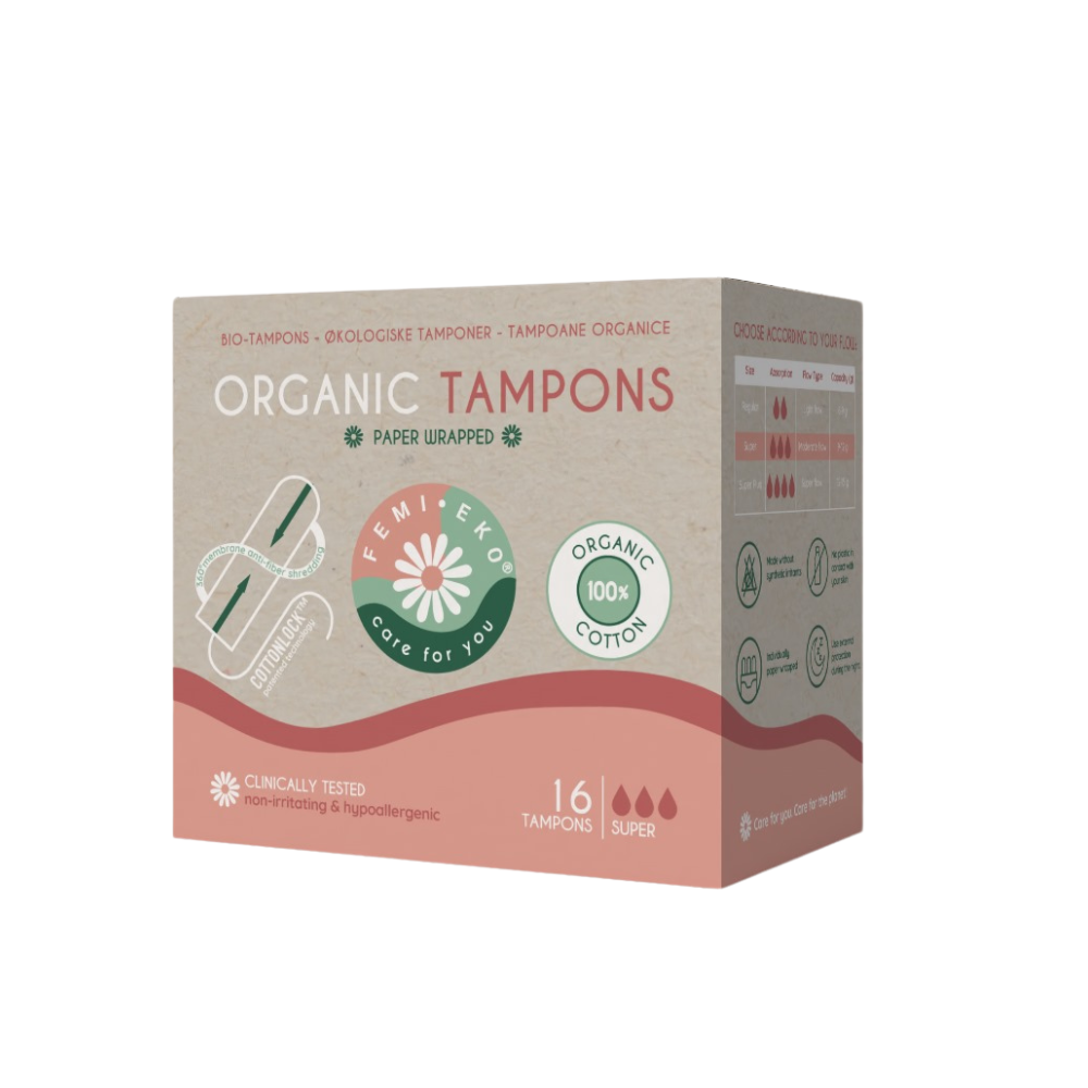 Tampoane din bumbac organic Super, 16 bucati, FemiEko
