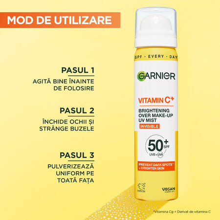 Spray cu aplicare peste machiaj cu efect de iluminare SPF 50+ Vitamin C, 75 ml, Garnier 713418