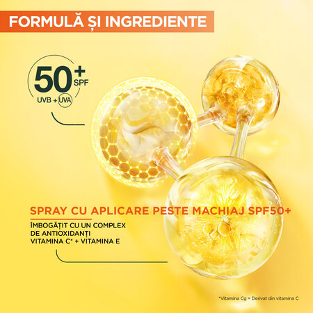 Spray cu aplicare peste machiaj cu efect de iluminare SPF 50+ Vitamin C, 75 ml, Garnier 713416