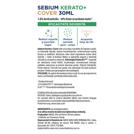 Gel crema nuantator anti-imperfectiuni Sebium Kerato+ Cover, 30 ml, Bioderma 794302