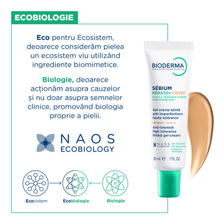 Gel crema nuantator anti-imperfectiuni Sebium Kerato+ Cover, 30 ml, Bioderma 794297