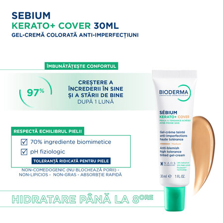Gel crema nuantator anti-imperfectiuni Sebium Kerato+ Cover, 30 ml, Bioderma 794293