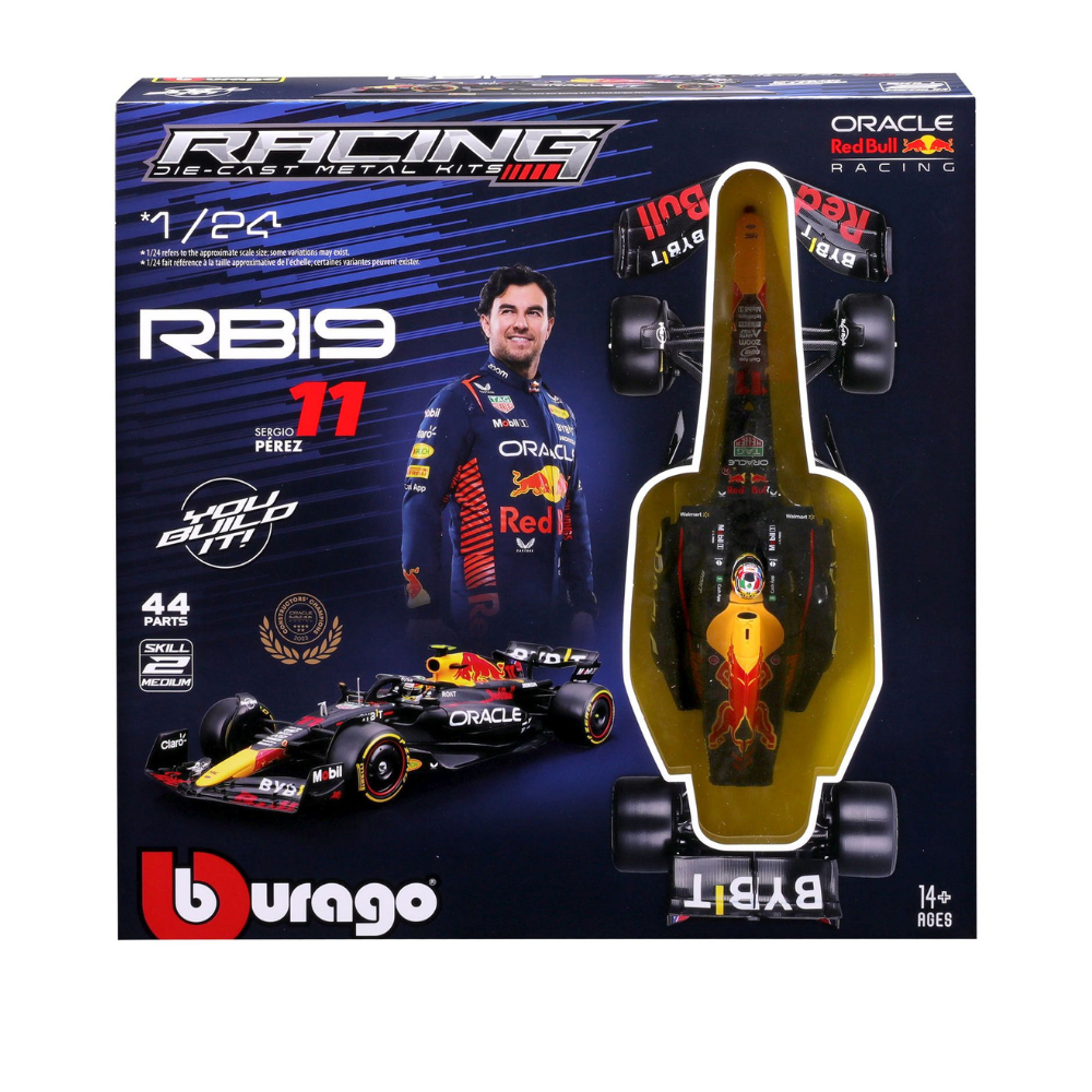 Kit auto de asamblat cu suport Forumla 1 Sergio Perez, 2024, 14 ani+, Bburago