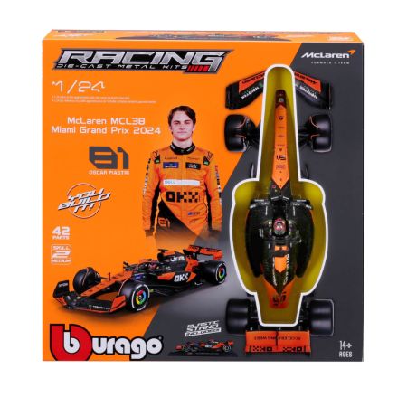 Kit auto de asamblat cu suport Forumla 1 Oscar Piastri, 14 ani+, 2024, Bburago