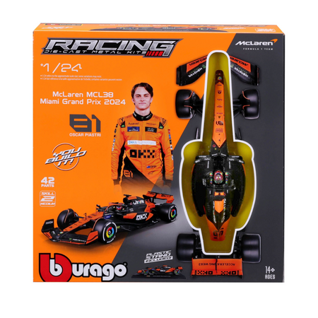 Kit auto de asamblat cu suport Forumla 1 Oscar Piastri, 14 ani+, 2024, Bburago