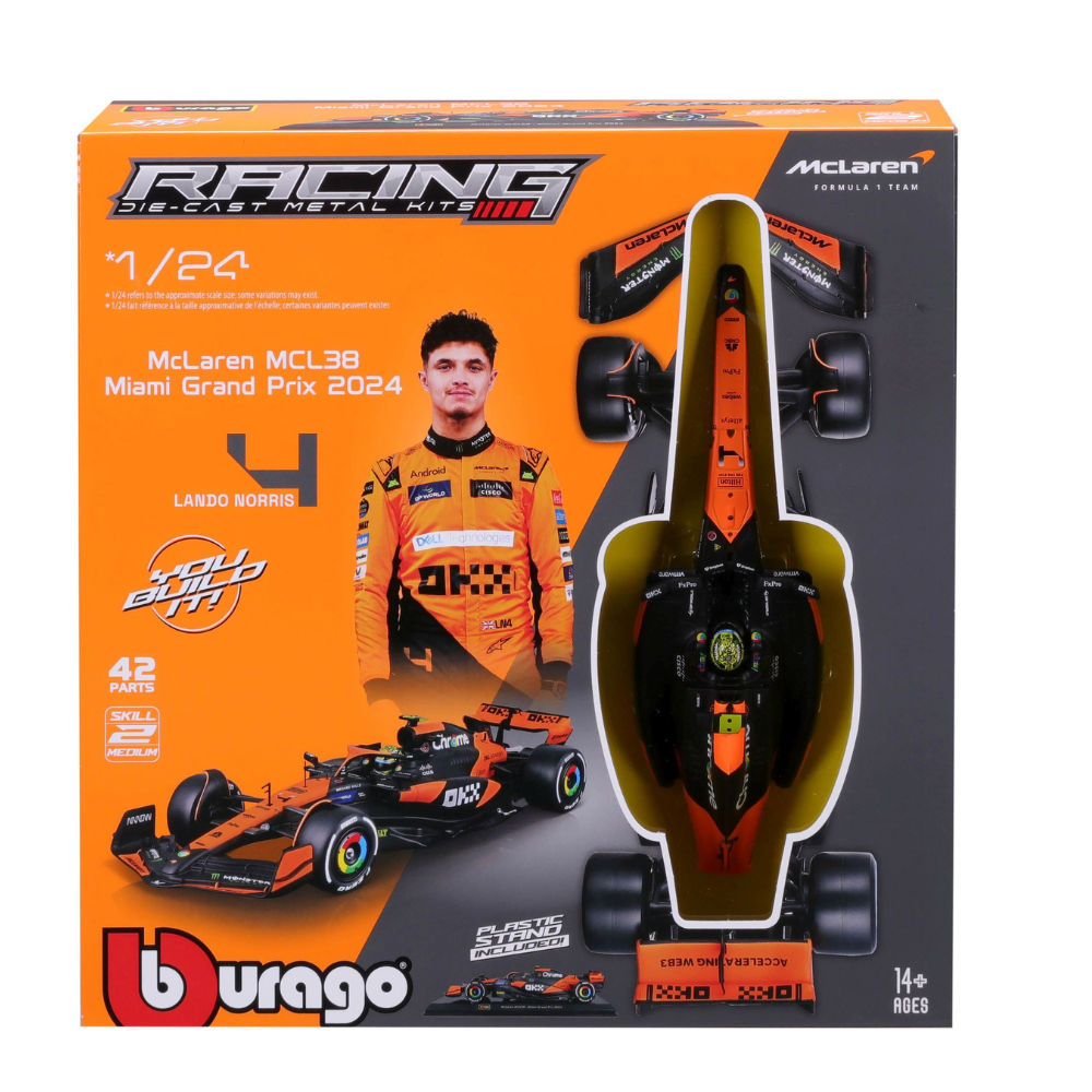Kit auto de asamblat cu suport Forumla 1 Lando Noris, 2024, 14 ani+, Bburago