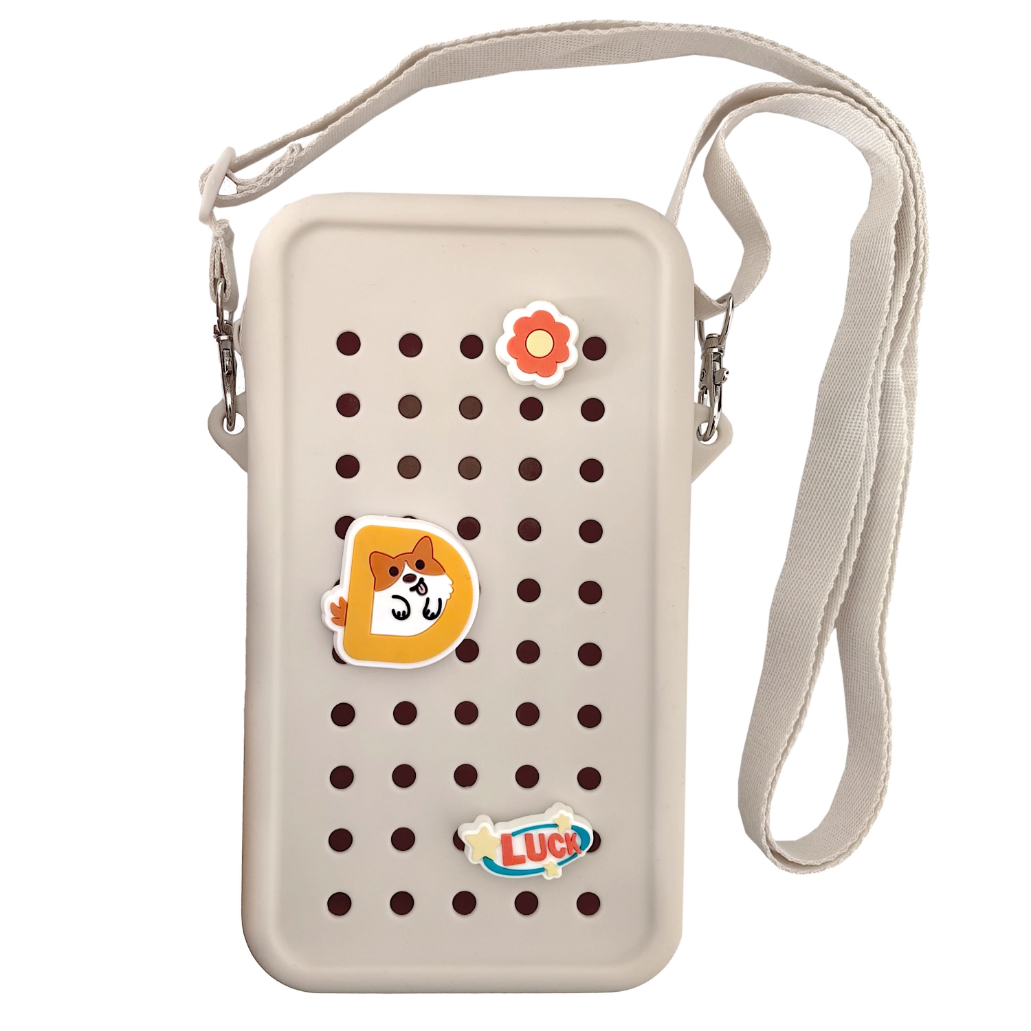 Husa din silicon tip gentuta cu fermoar si charms pentru telefon Crossbody, Crem, Acvila