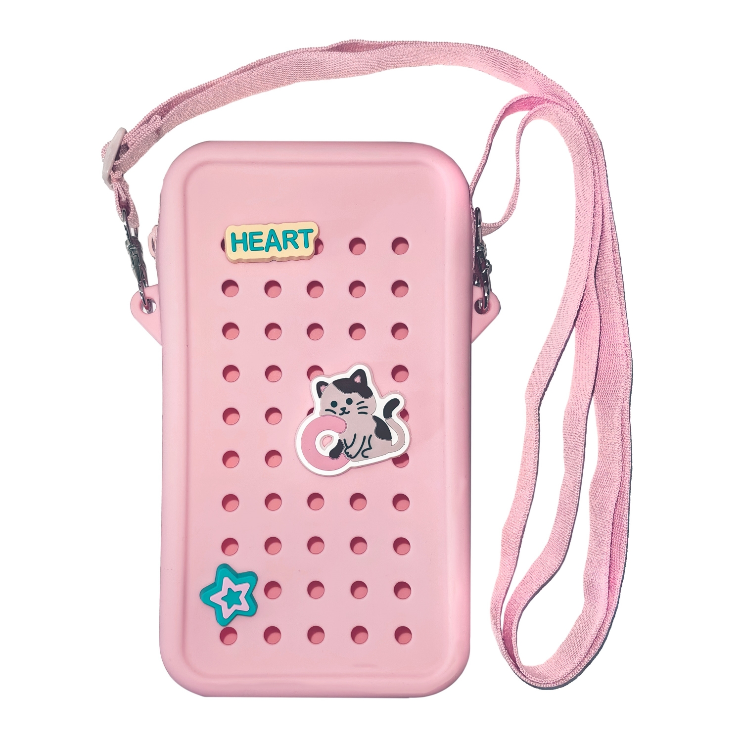 Husa din silicon tip gentuta cu fermoar si charms pentru telefon Crossbody, Roz Pal, Acvila