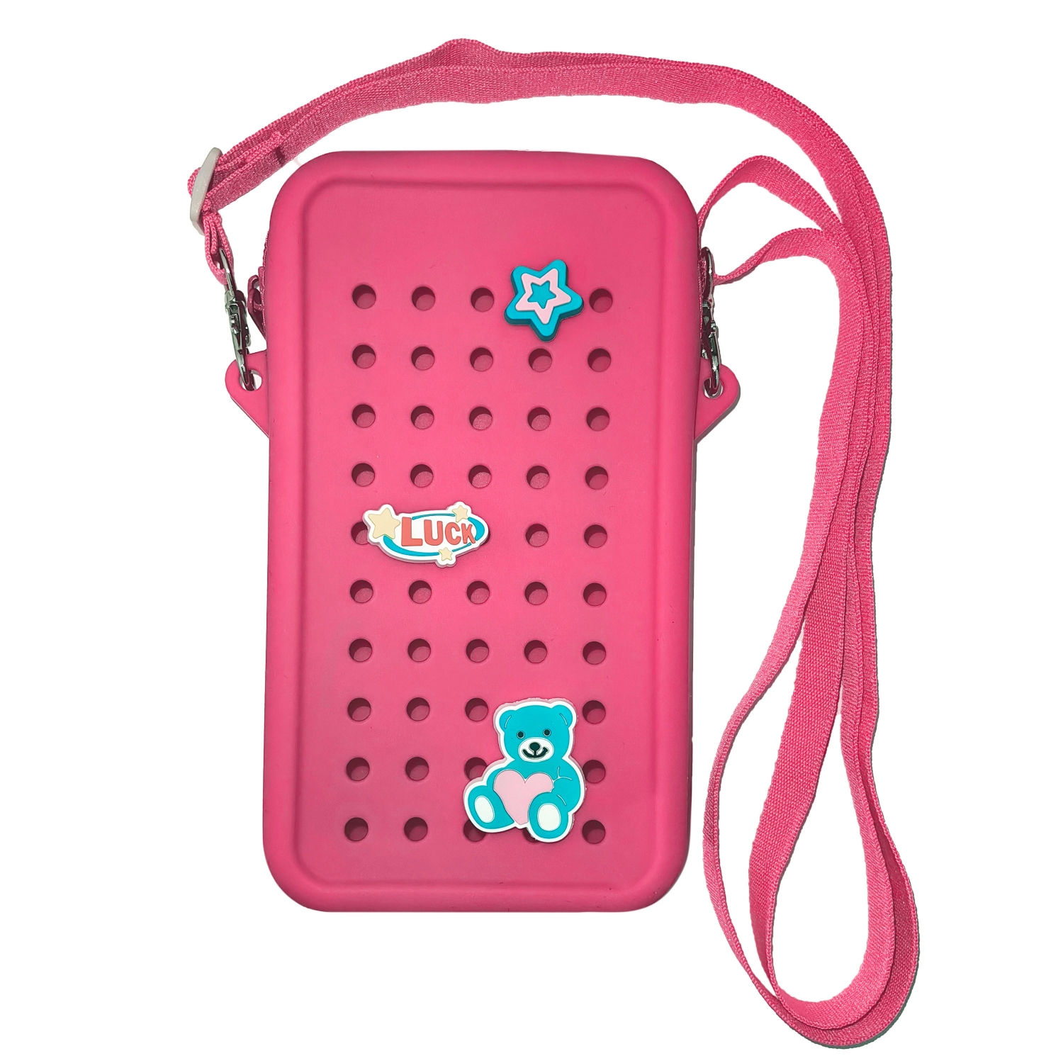 Husa din silicon tip gentuta cu fermoar si charms pentru telefon Crossbody, Roz Intens, Acvila