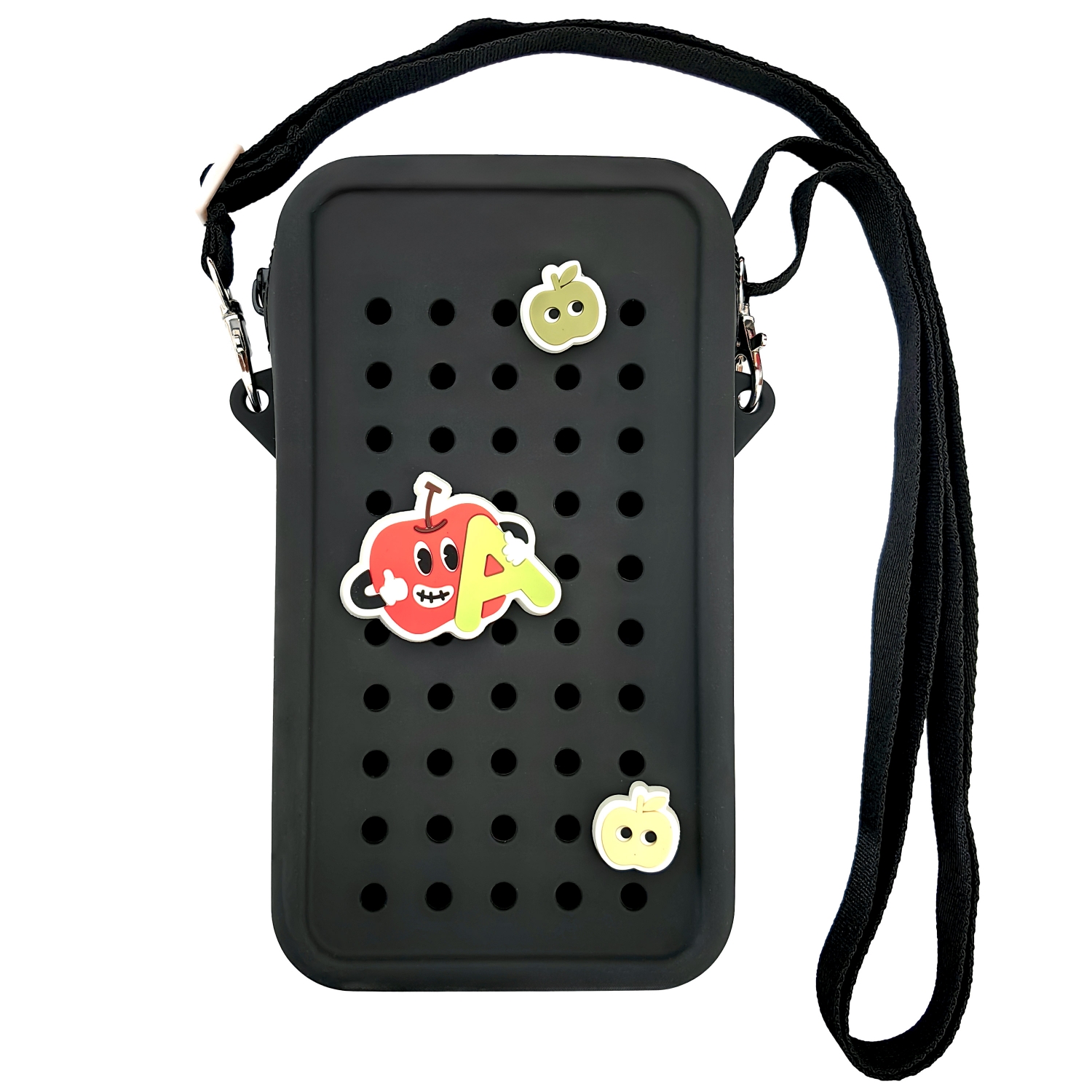 Husa din silicon tip gentuta cu fermoar si charms pentru telefon Crossbody, Neagra, Acvila