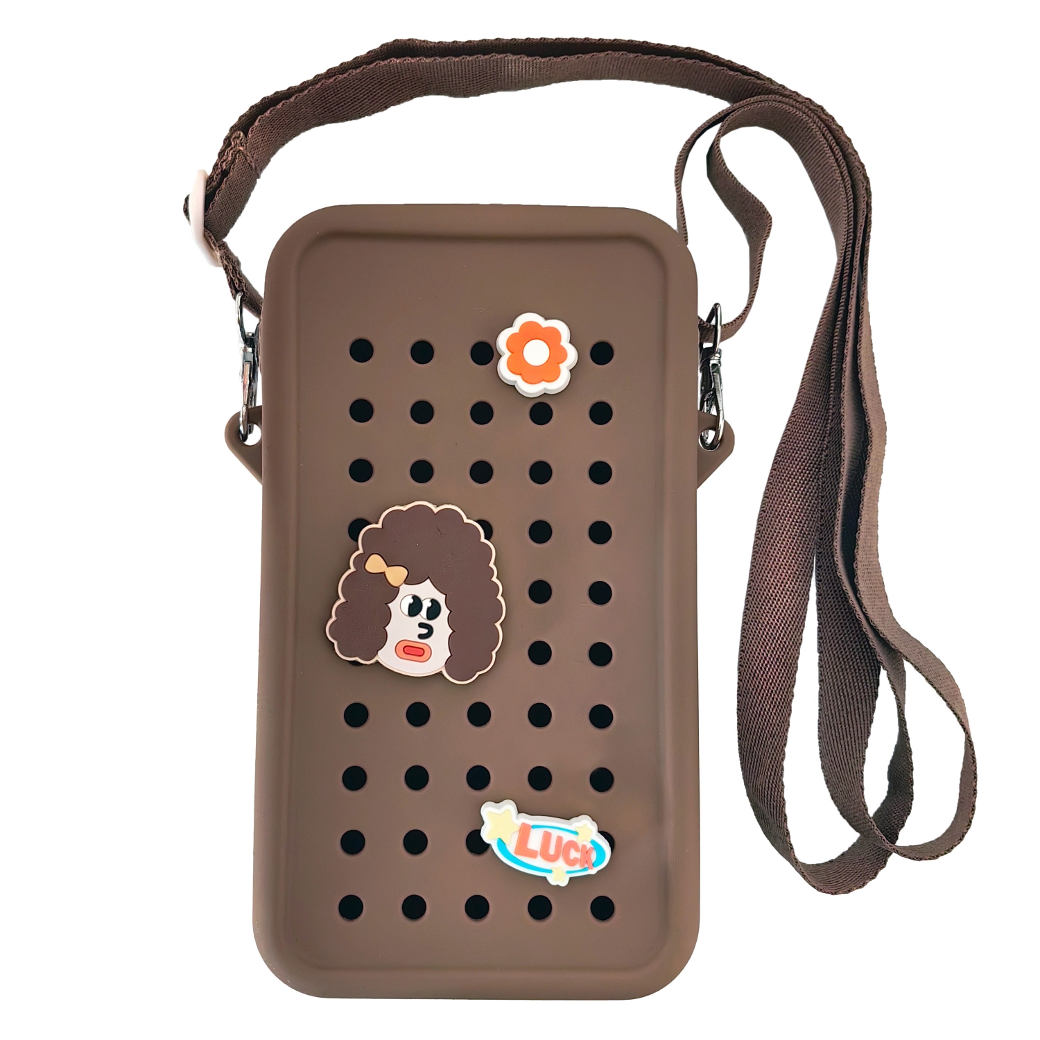 Husa din silicon tip gentuta cu fermoar si charms pentru telefon Crossbody, Maro, Acvila