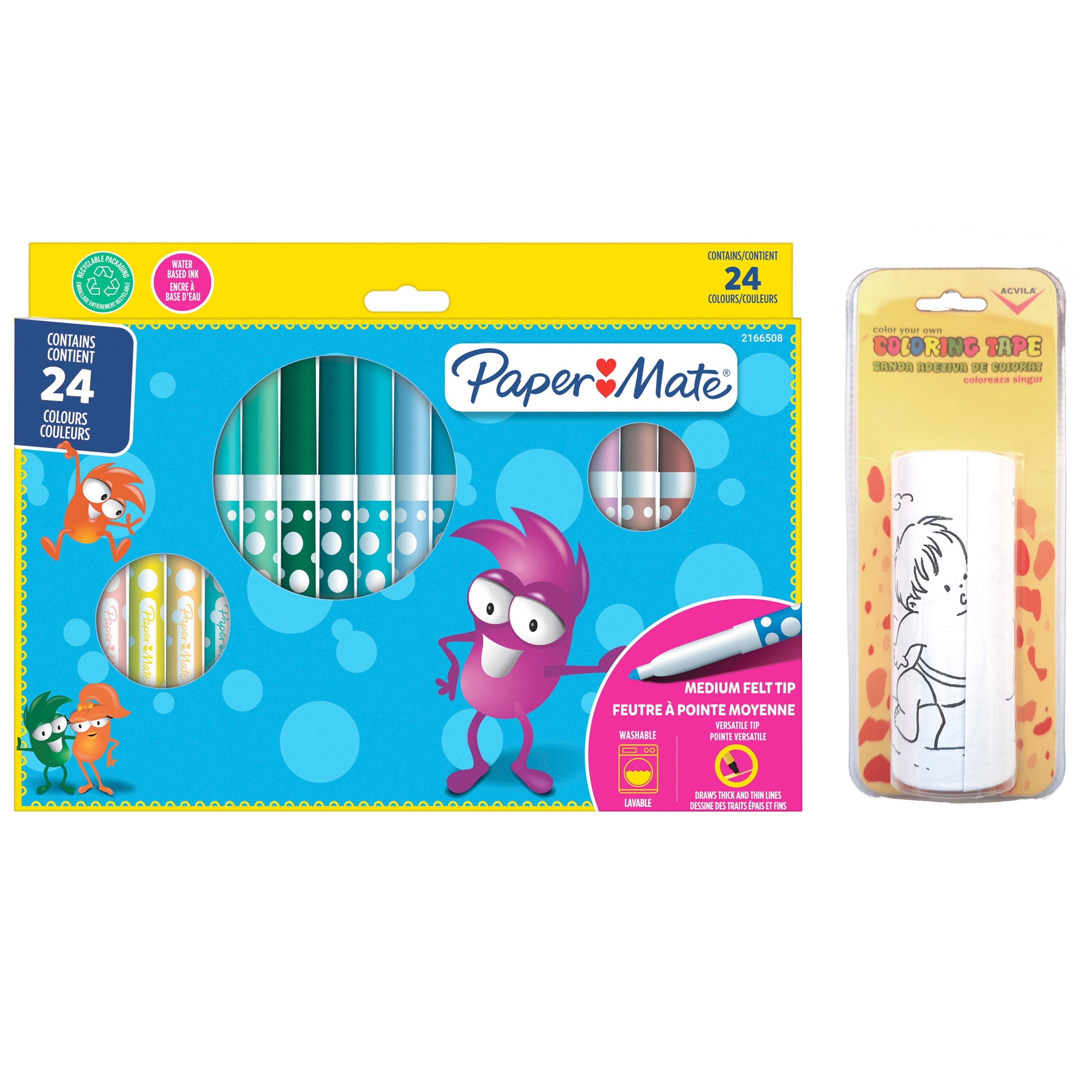 Set 24 carioci lavabile cu varf mediu + banda adeziva de colorare, PaperMate