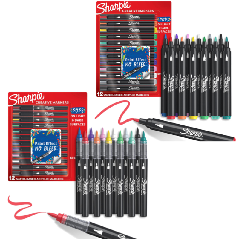 Set 24 markere acrilice, 12 varf pensula + 12 varf rotund + penar, Sharpie