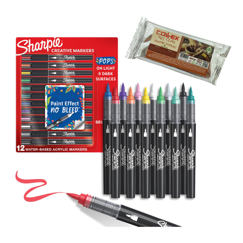 Set 12 markere acrilice Sharpie cu varf pensula + lut modelaj Alb 250 gr Collex