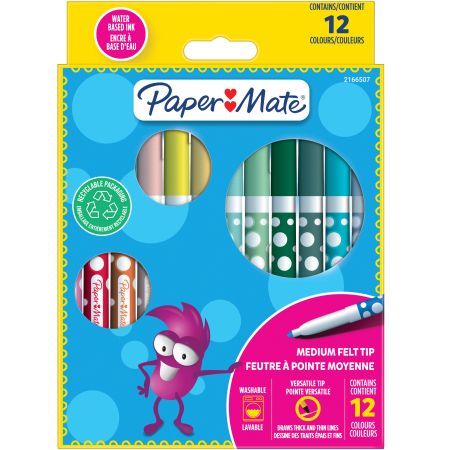 Set carioci lavabile cu varf mediu, 3 ani+, 12 buc, PaperMate