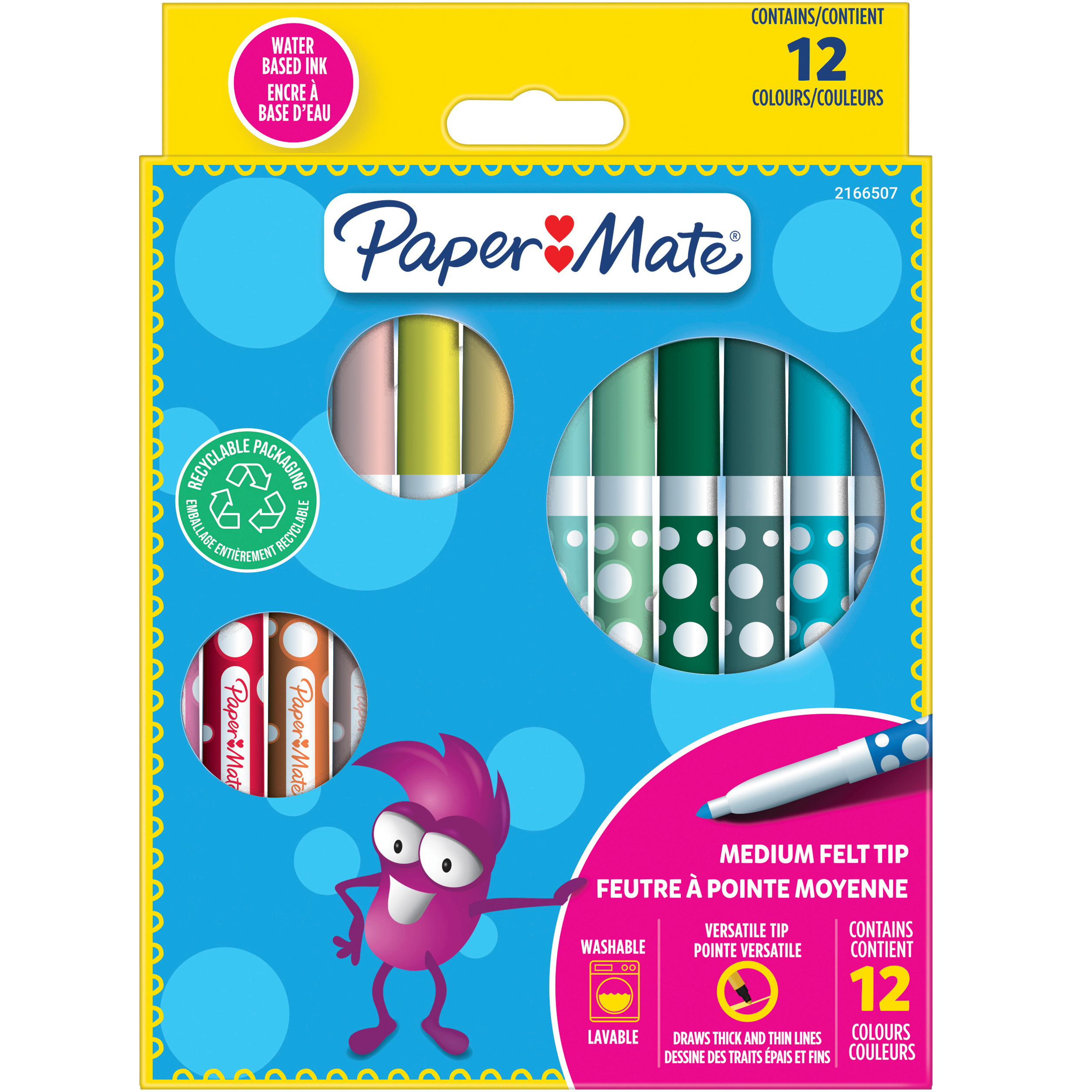 Set carioci lavabile cu varf mediu, 3 ani+, 12 bucati, PaperMate