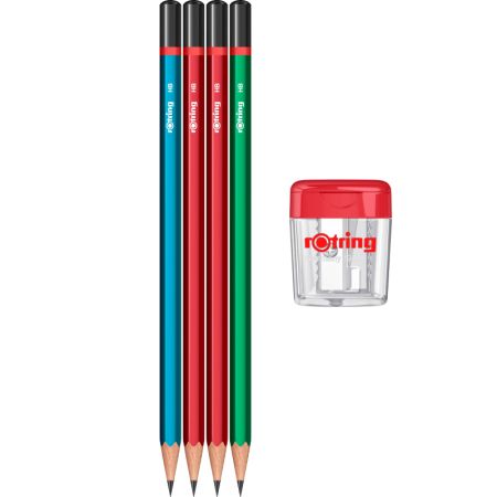 Set 4 creioane din lemn cu mina grafit standard + ascutitoare cu container, Rotring