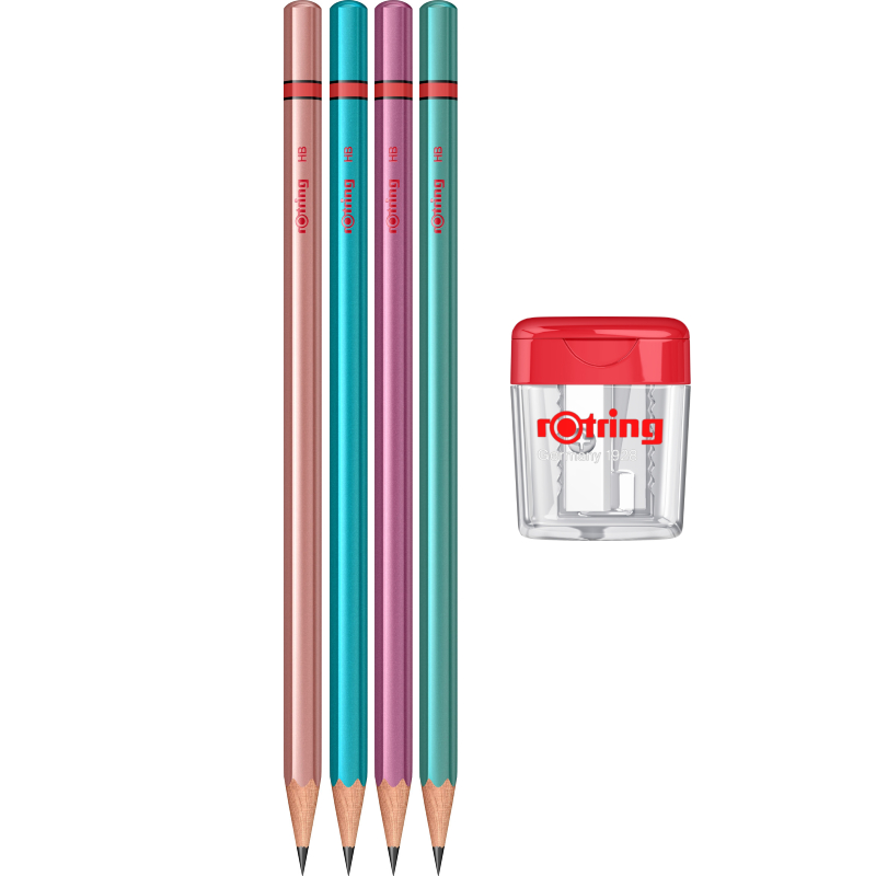 Set 4 creioane din lemn metalice cu mina grafit + ascutitoare cu container, Rotring