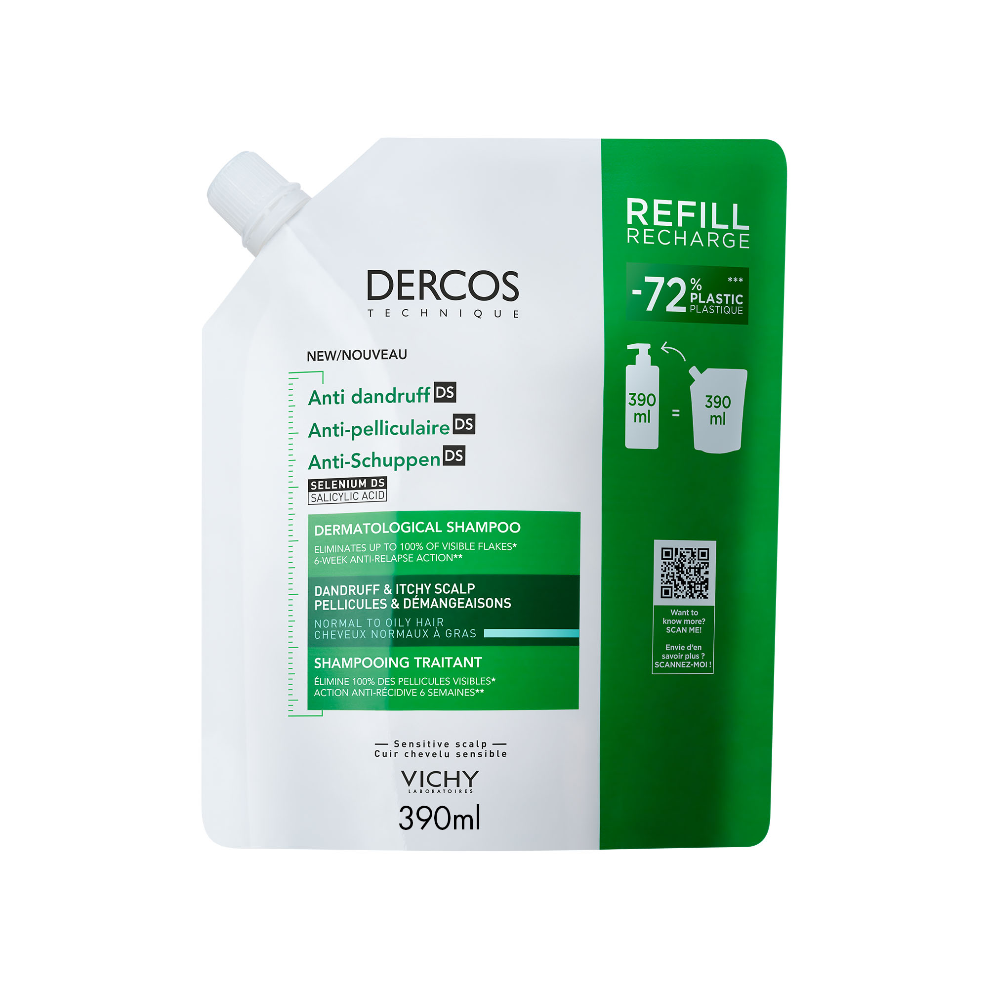 Rezerva eco sampon anti-matreata pentru par normal-gras Dercos, 390 ml, Vichy