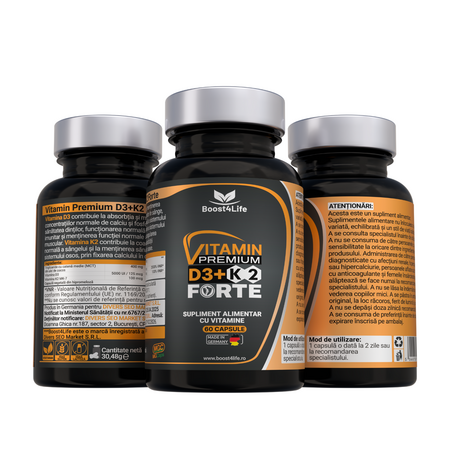 Vitamina D3+K2 Premium Forte, 5000 UI, 60 capsule moi, Boost4life 716709