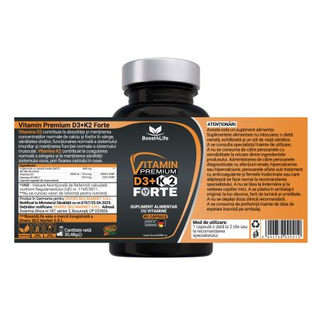 Vitamina D3+K2 Premium Forte, 5000 UI, 60 capsule moi, Boost4life 716708
