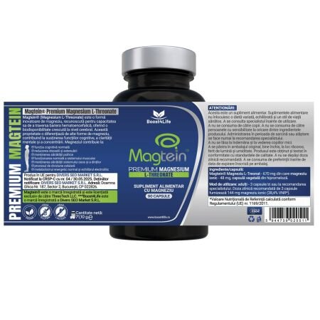Magtein Magneziu L-Treonat Premium, 670 mg, 90 capsule vegane, Boost4life 716721