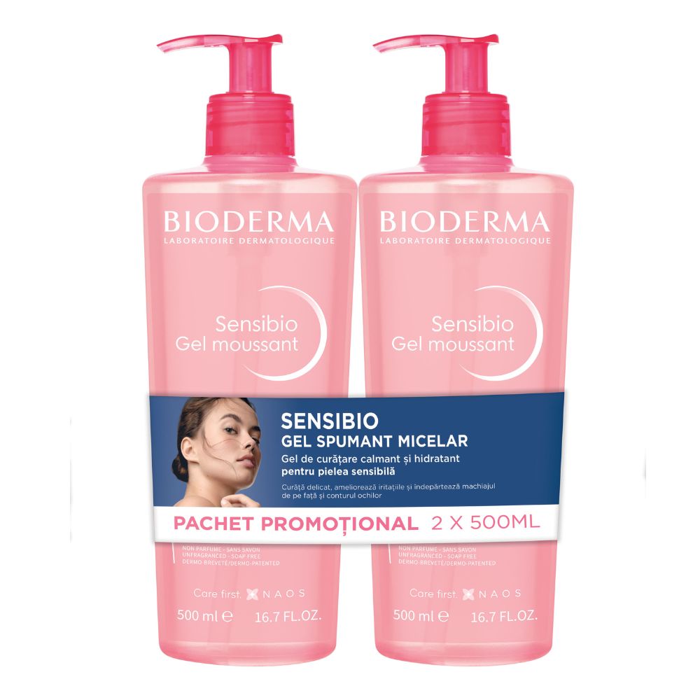 Pachet Gel spumant calmant si hidratant Sensibio, 2 x 500 ml, Bioderma