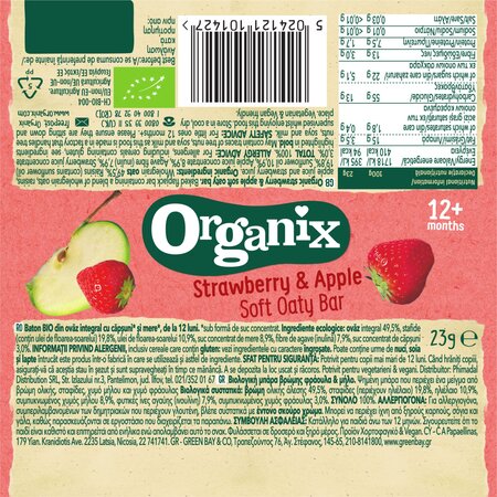 Baton bio din ovaz integral cu capsuni si mere, 12 luni+, 23 g, Organix 716813