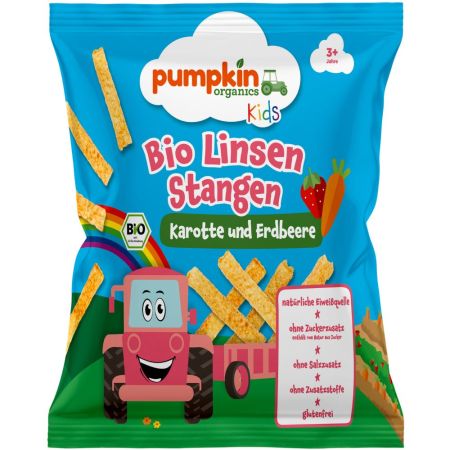 Sticksuri Bio din linte cu morcov si capsuni, 3 ani+, 30 g, Pumpkin Organics