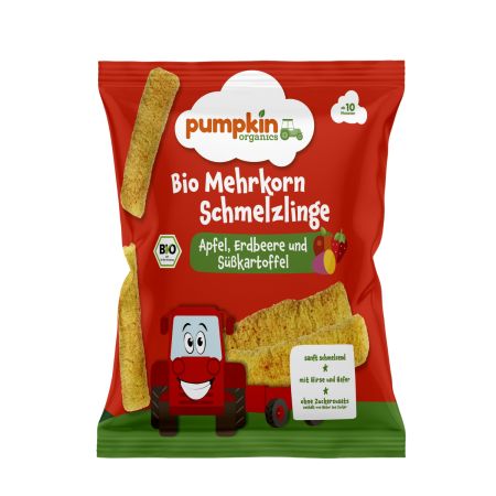 Sticksuri Bio din multicereale cu mar, capsuni si cartof dulce, 10 luni+, 25 g, Pumpkin Organics