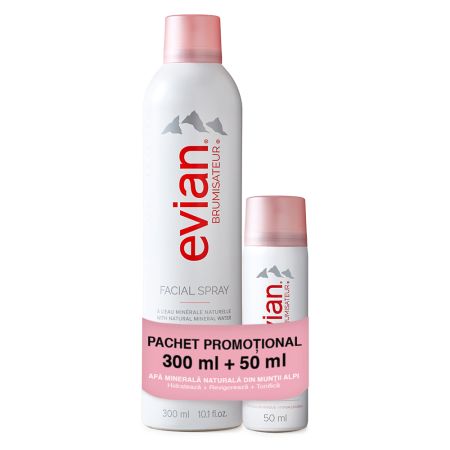 Pachet Spray facial cu apa minerala naturala, 300 ml + 50 ml, Evian