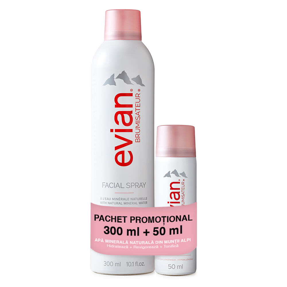 Pachet Spray facial cu apa minerala naturala, 300 ml + 50 ml, Evian