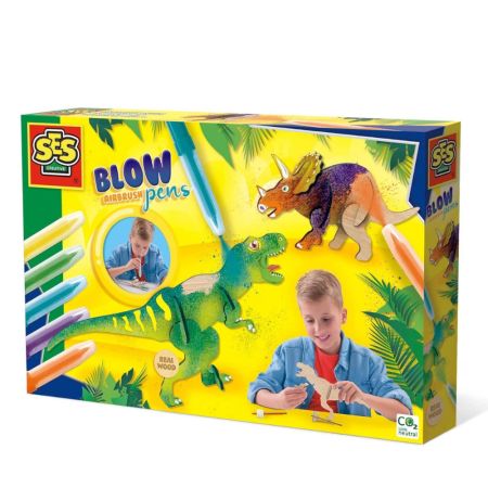 Set de carioci cu aerograf si dinozauri de lemn, + 5 ani, Ses Creative