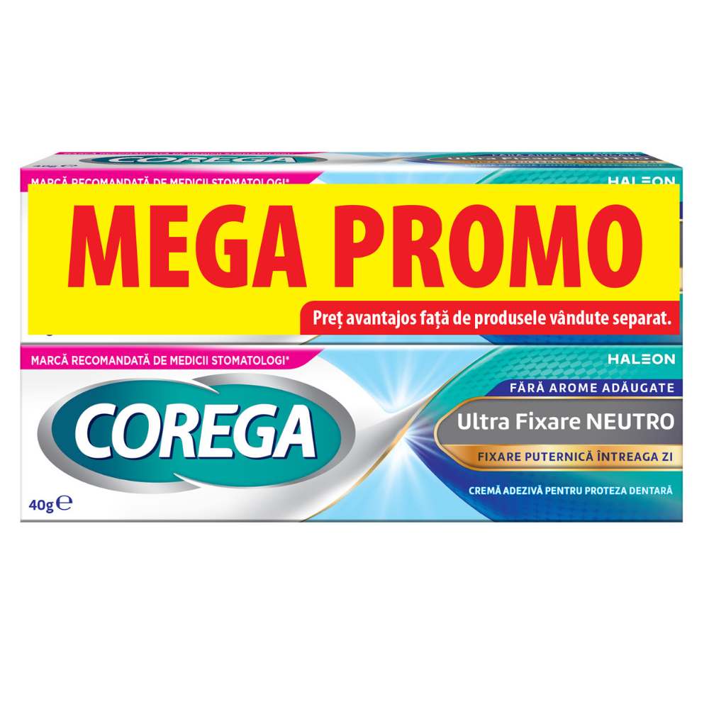 Pachet Crema adeziva pentru proteza dentara Ultra Fixare Neutro, 2x40 g, Corega