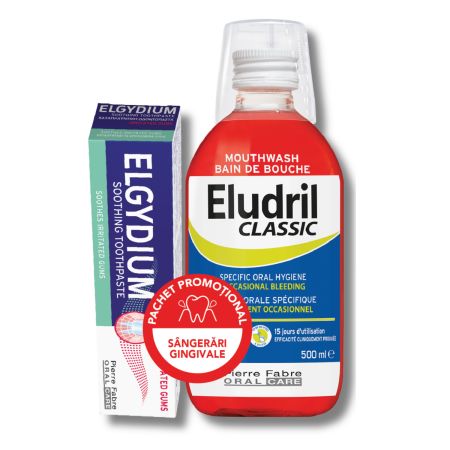 Pachet Apa de gura Eludril Classic, 500 ml + Pasta de dinti pentru gingii iritate 75 ml, Elgydium