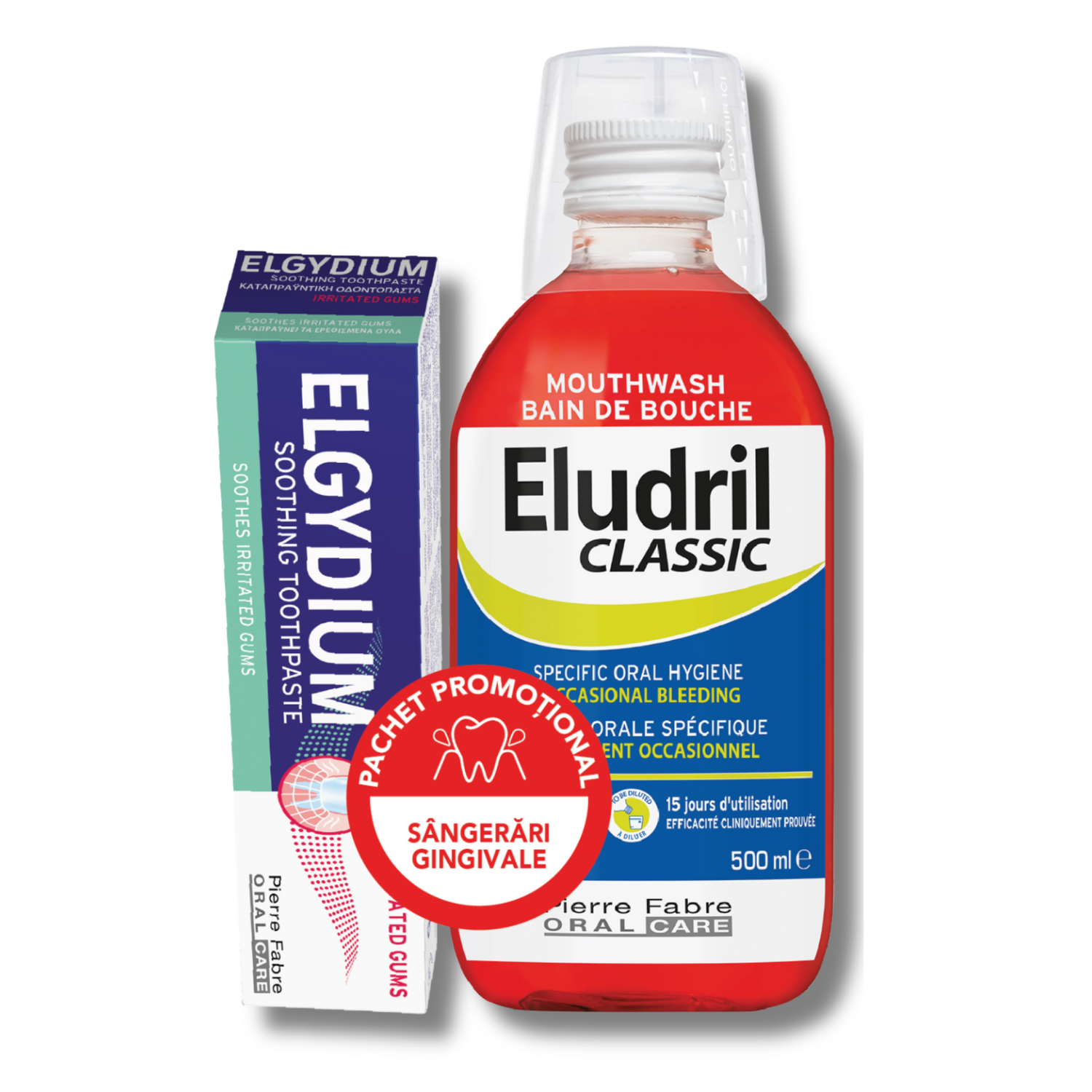 Pachet Apa de gura Eludril Classic, 500 ml + Pasta de dinti pentru gingii iritate 75 ml, Elgydium