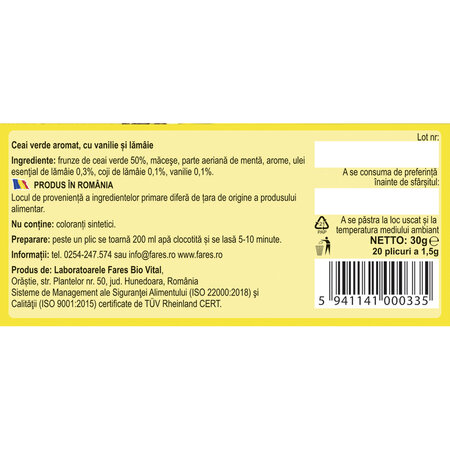 Ceai verde cu lamaie si vanilie Ceaiurile Lumii, 20 plicuri, Fares 718132