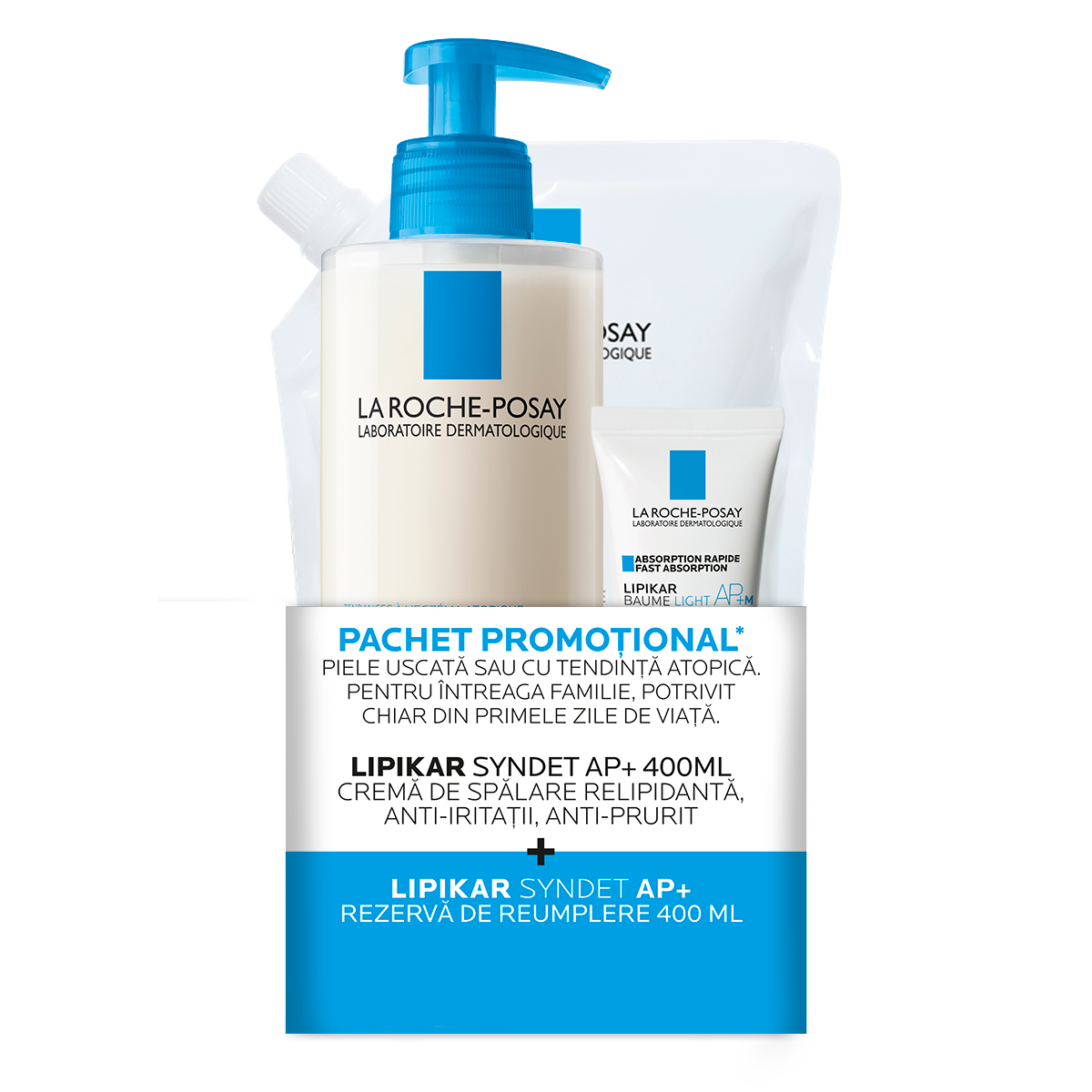 Pachet Crema de spalare + Rezerva + Balsam Light AP+M Lipikar Syndet AP+, 2x400 ml + 15 ml, La Roche Posay
