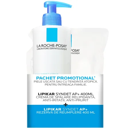 Pachet Crema de spalare ultra-delicata, pentru pielea uscata cu tendinta atopica Lipikar Syndet AP+, 400 ml + Rezerva, 400 ml, La Roche Posay