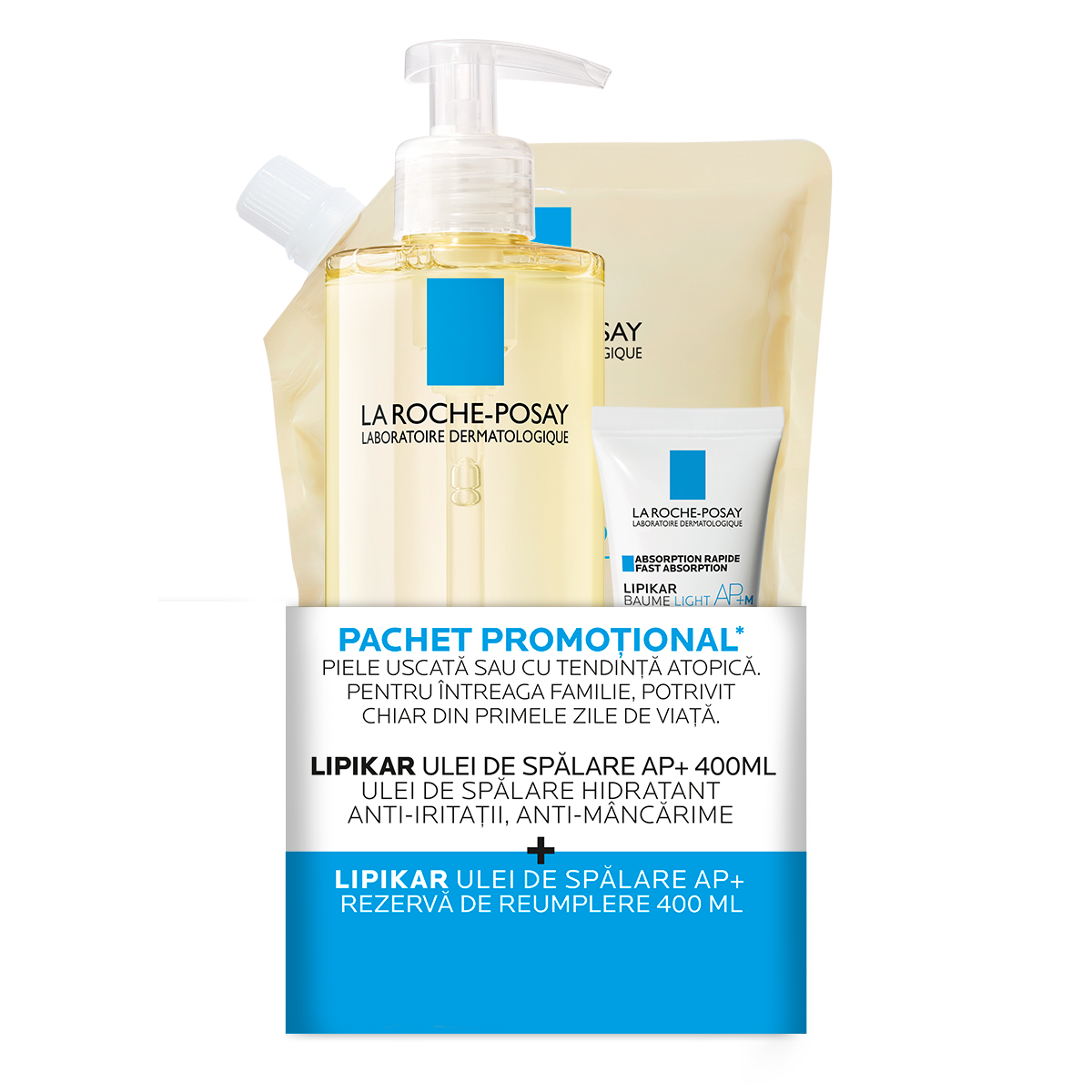 Pachet Ulei de dus + Rezerva +  Balsam Light AP+M Lipikar AP+, 2x400 ml + 15 ml, La Roche Posay