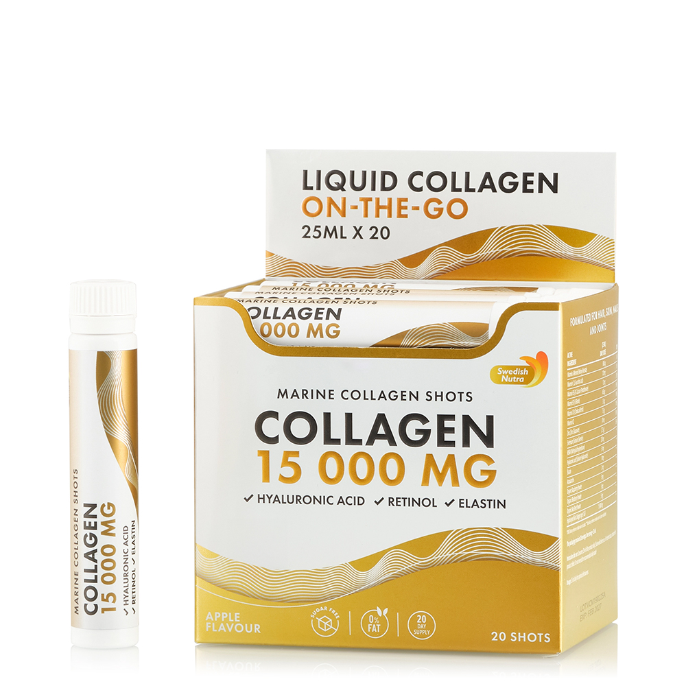 Colagen Marin Hidrolizat Lichid Tip 1 si 3 15.000 mg + Acid Hialuronic 50 mg + Retinol 800 mcg, 25 ml x 20 fiole, Swedish Nutra
