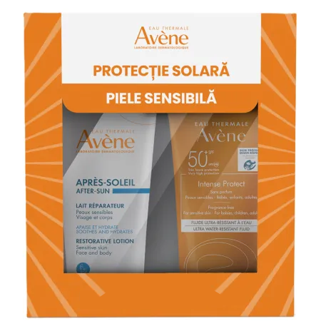 Pachet Lotiune protectie solara cu SPF 50+ Intense Protect 150 ml + Lotiune reparatoare dupa plaja 200 ml Sun Care,, Avene