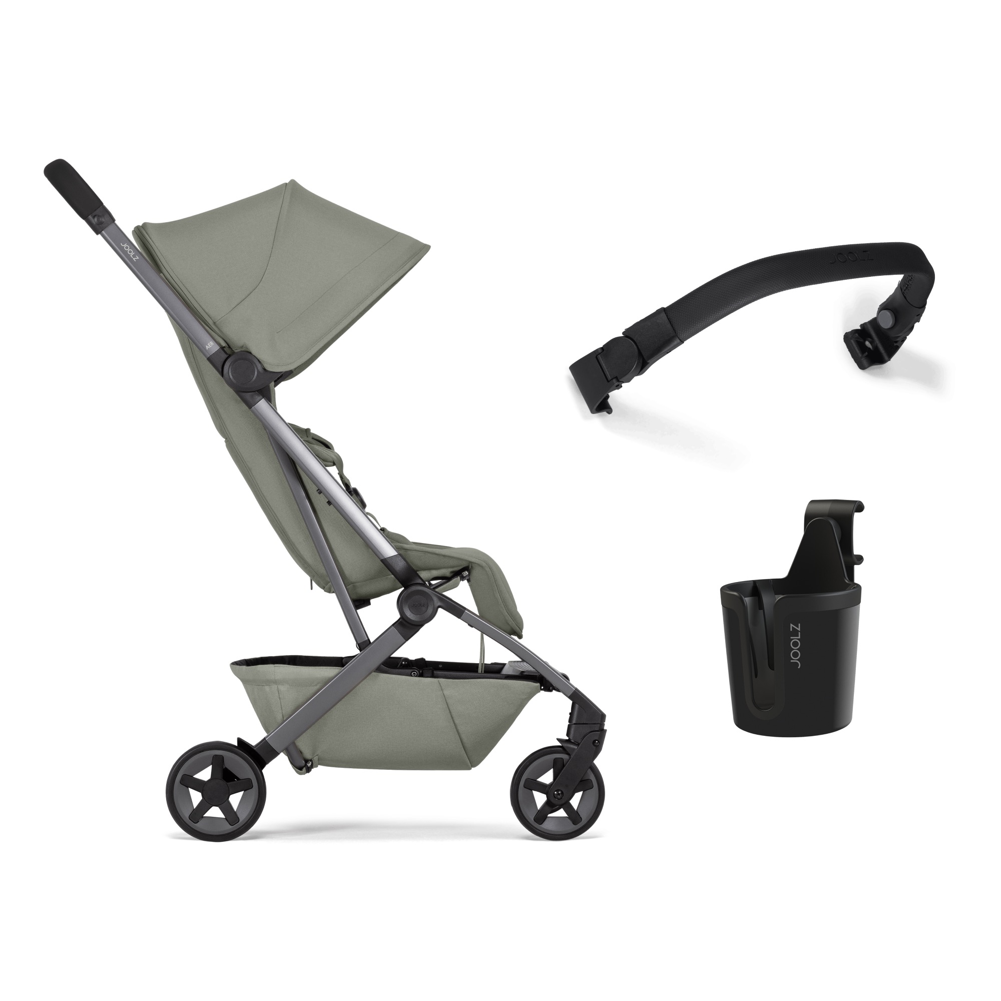 Pachet Carucior cu bara pliabila si suport de pahar Aer2, Sage Green, Joolz