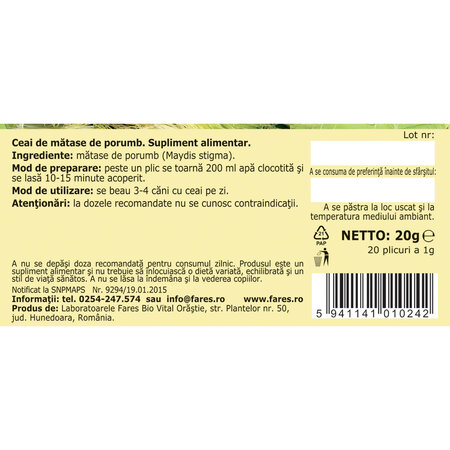 Ceai matase de porumb, 20 plicuri, Fares 721720