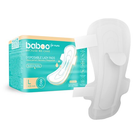 Absorbante postnatale de unica folosinta, Marime L 425 mm, 8 bucati, Baboo 722565