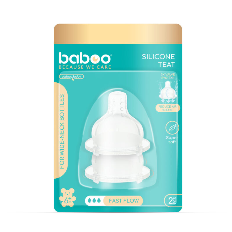 Tetina din silicon anticolici cu 3 valve, Debit rapid, 6 luni+, 2 bucati, Baboo